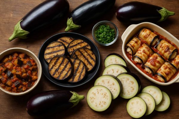 Aubergines sous diverses formes : crues, grillées, tranchées, ratatouille