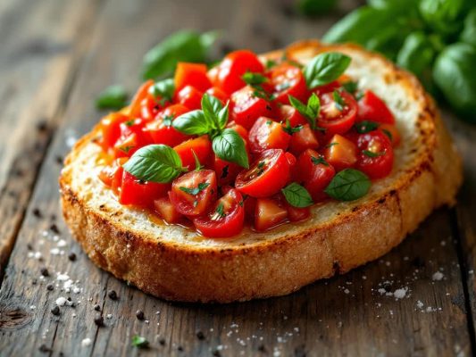 Bruschetta tomate basilic en gros plan