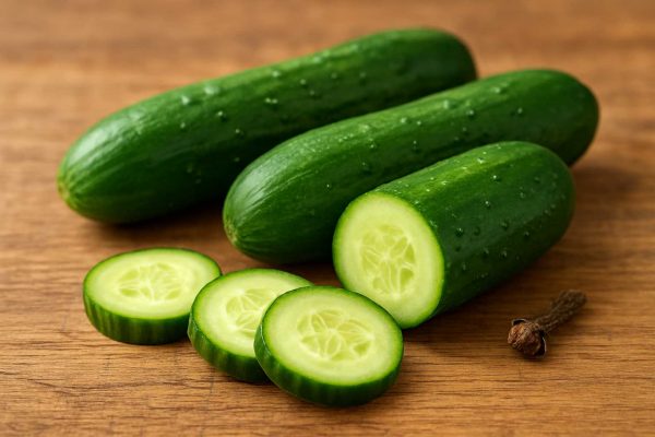 Tranches de concombres sur une planche à découper