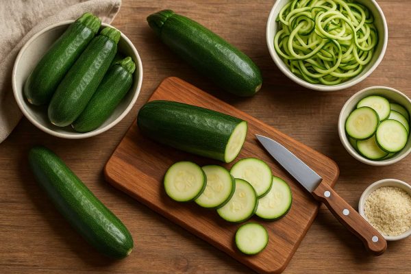 Courgettes sous diverses formes : entières, tranchées, spaghetti