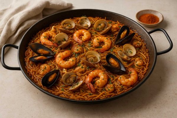 Fideuà dans une paellera avec des moules, des palourdes et des crevettes