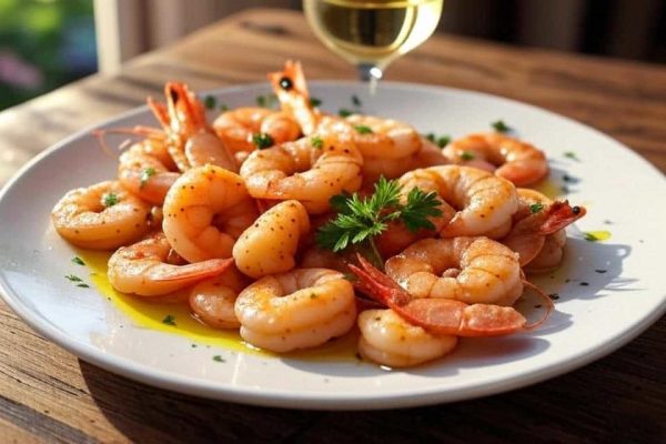 Gambas dans une assiette saupoudrées de persil