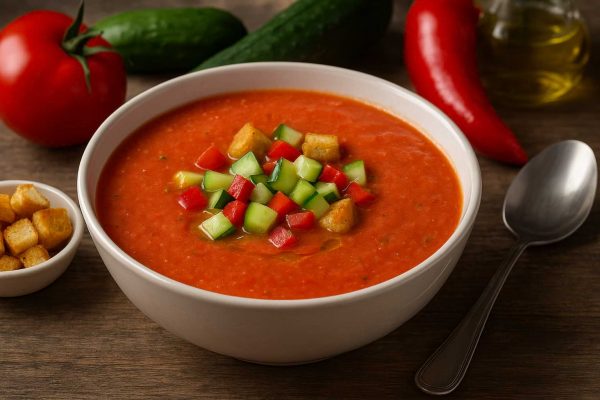 Gazpacho dans un bol blanc avec une garniture de poivrons, concombre et croûtons