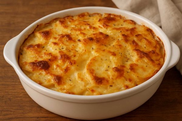 Gratin dauphinois dans un plat blanc