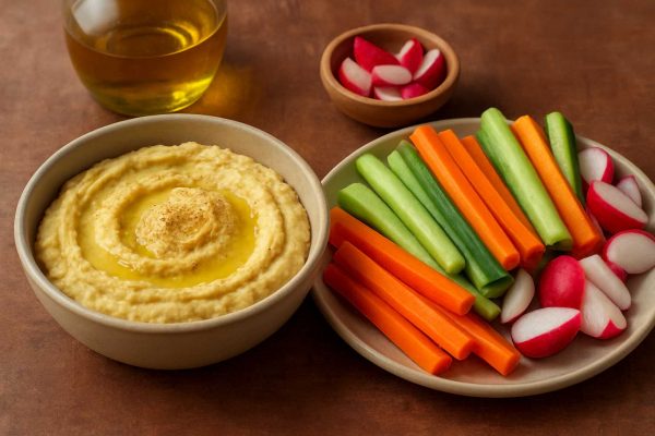 Bol de houmous avec une assiette de bâtons de crudités et radis