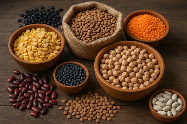 Divers légumes secs, pois chiches, lentilles, haricots, lupins