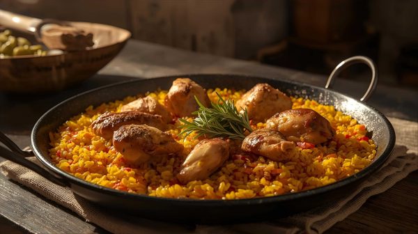 Paella dans une paellera avec du lapin et des brins de romarins