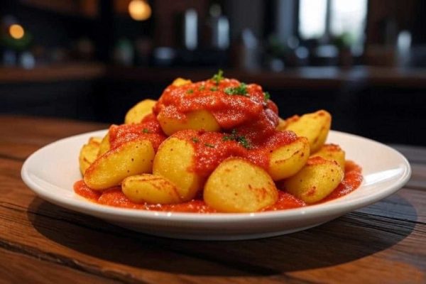 Patatas bravas dans une assiette blanche couvertes de sauce brava