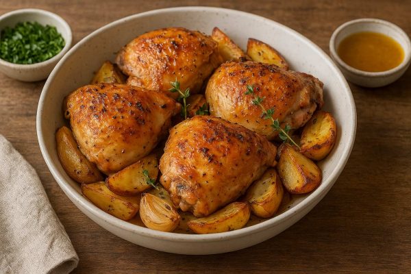 Poulet doré avec ail en chemise et pommes de terre et des brins de thym