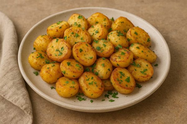 Pommes de terre sautées dans une assiette parsemées de persil