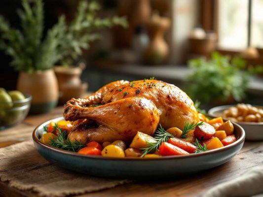 Poulet rôti dans un plat entouré de légumes