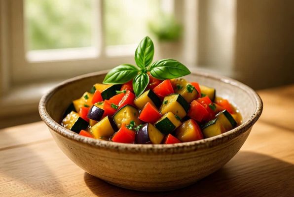 Assiette de ratatouille avec des feuilles de basilic