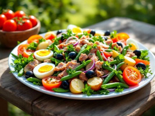 Assiette de salade niçoise avec olives, tomates, concombre, thon, haricots verts et oeufs durs