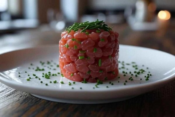 Cylindre de tartare de saumon parsemé de ciboulette