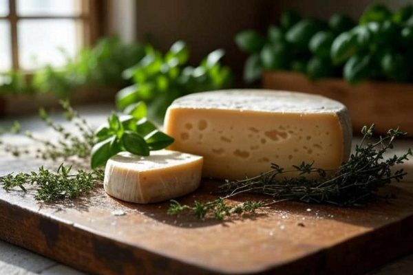 Tome fraîche tranchée sur une planche à découper