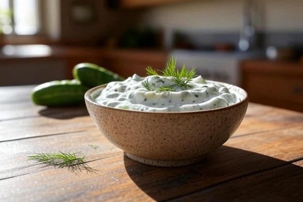 Bol de tzatziki avec des feuilles d'aneth