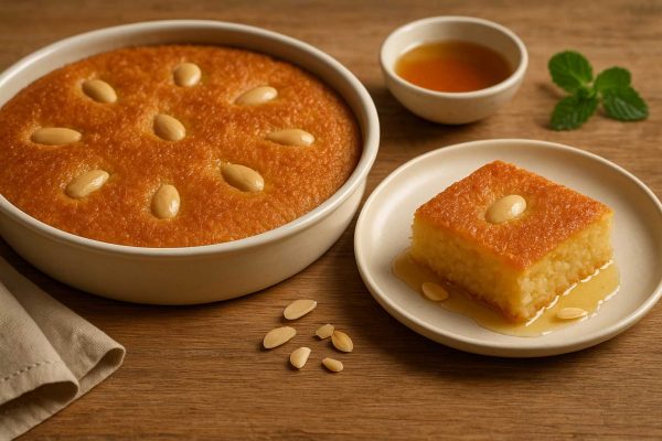 Basboussa dans un plat, et une part de basboussa dans une assiette recouverte de miel