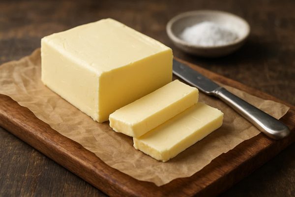 Bloc de beurre sur une planche à découper