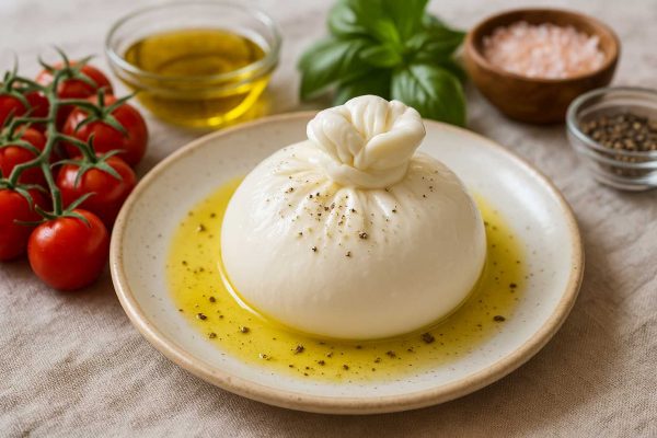 Burrata dans une assiette arrosée d'huile d'olive et poivrée