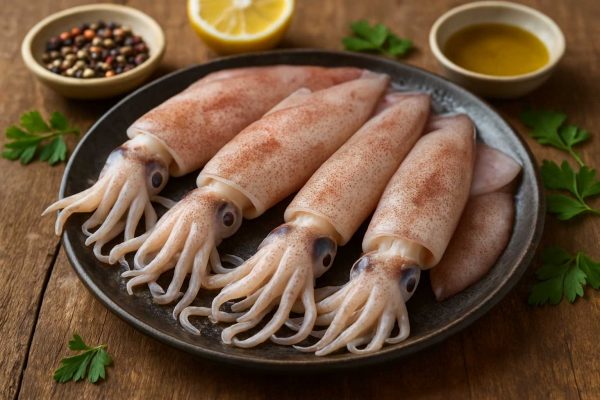 Quatre calamars dans une assiette