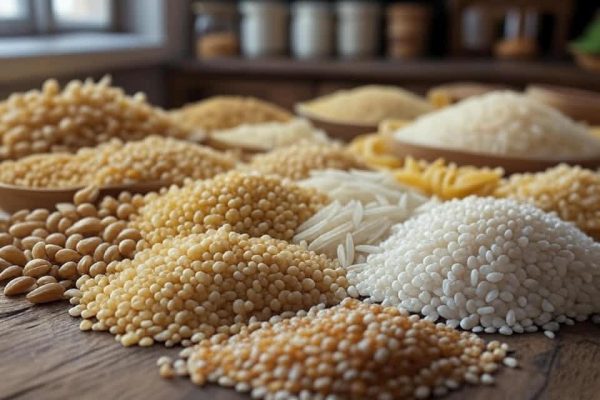 Petits tas de céréales (riz, blé, quinoa, etc.)