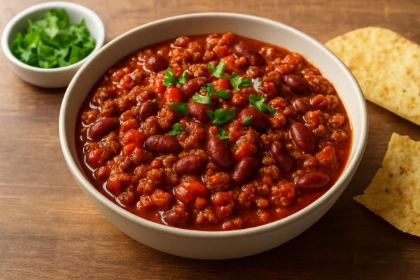 Assiette de chili con carne parsemé de persil