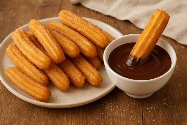 Assiette de churros avec une coupelle de sauce chocolat
