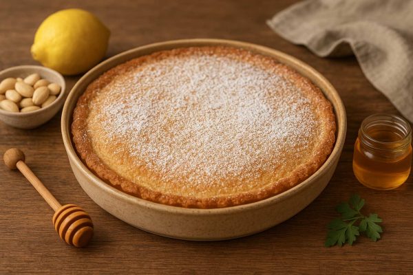 Coca de almendra dans un plat saupoudrée de sucre glace