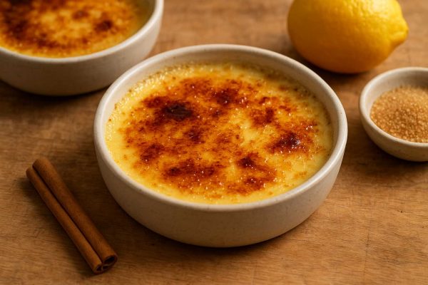 Petit plat de crème catalane avec un bâton de cannelle