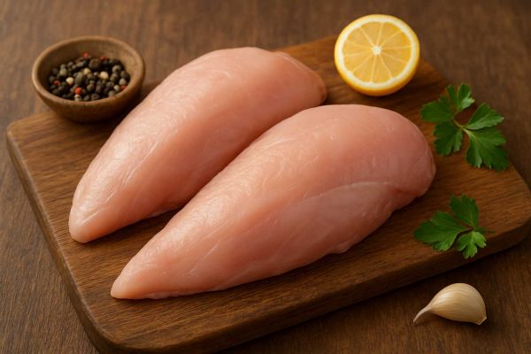 Deux filets de dinde sur une planche à découper