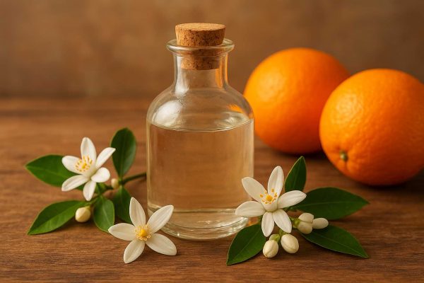 Fiole d'eau de fleur d'oranger avec deux oranges dans le fond et des fleurs devant