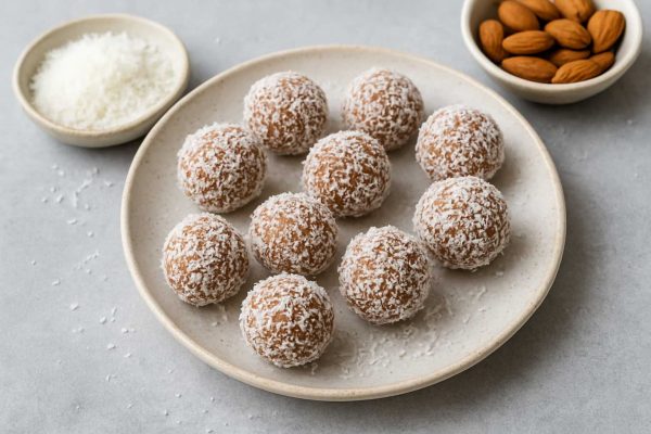Assiette d'energy balls recouvertes de coco râpée