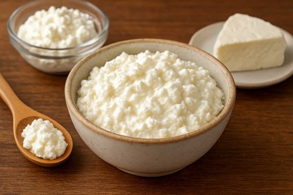 Deux bols de fromage frais, une tranche de fromage frais et une cuillère en bois