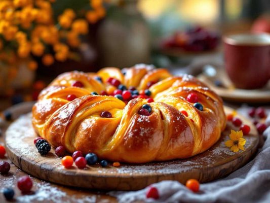 Galette des rois provençale sur un planche à découper et parsemée de fruits rouges