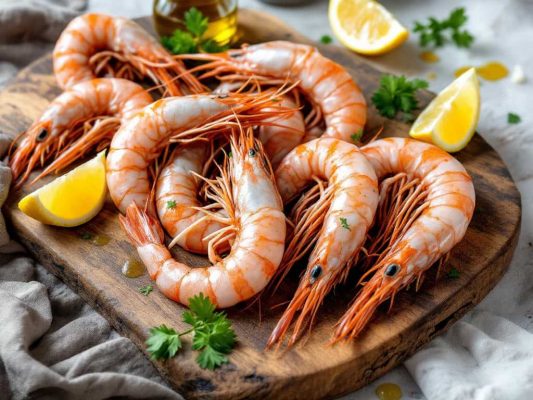 Gambas sur une planche à découper avec des citrons tranchés