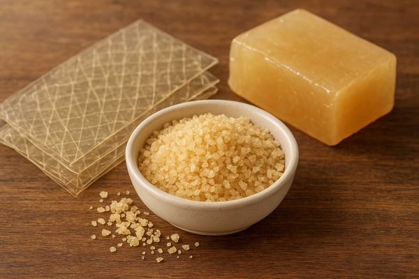 De la gélatine sous forme de feuilles, poudre et bloc