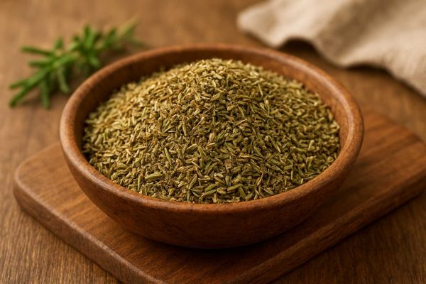 Coupelle d'herbes de Provence sur une planche à découper