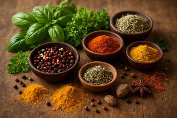 Coupelles et petits tas d'épices variées
