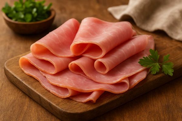 Tranches de jambon cuit sur une planche à découper