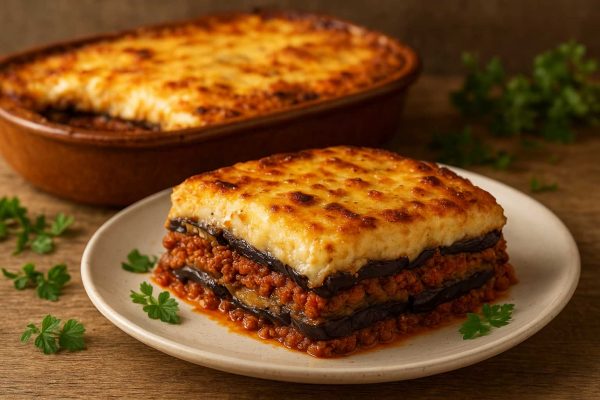 Plat et part de moussaka grecque