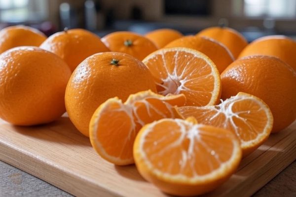 Plusieurs oranges entières et coupées