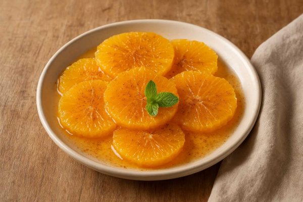Assiette d'orange à la cannelle avec des feuilles de menthe