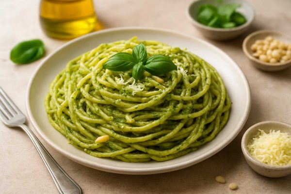 Assiette de pâtes au pesto avec des feuilles de basilic