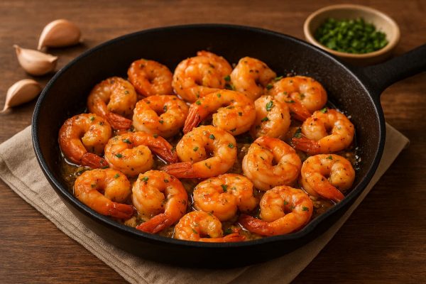 Assiette de crevettes poêlées à l'ail