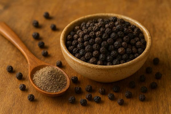 Coupelle de grains de poivre et cuillère en bois de poivre moulu