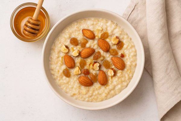 Bol de porridge avec des amandes et des noisettes