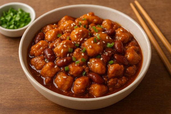 Assiette de poulet teriyaki parsemé de ciboulette
