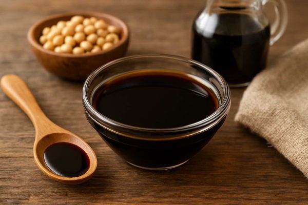 Coupelle et cuillère de sauce soja