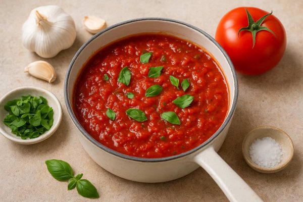 Casserole de sauce tomate avec des feuille de basilic
