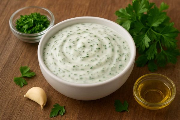 Coupelle de sauce au fromage blanc et aux herbes